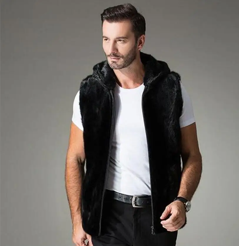 Hooded Vest Осеннее и зимнее мужское Норковое Пальто, стоячий воротник и капюшон, мужской меховой жилет, высококлассный мужской толстый теплый зимний жилет на молнии - Цвет: Hooded Vest