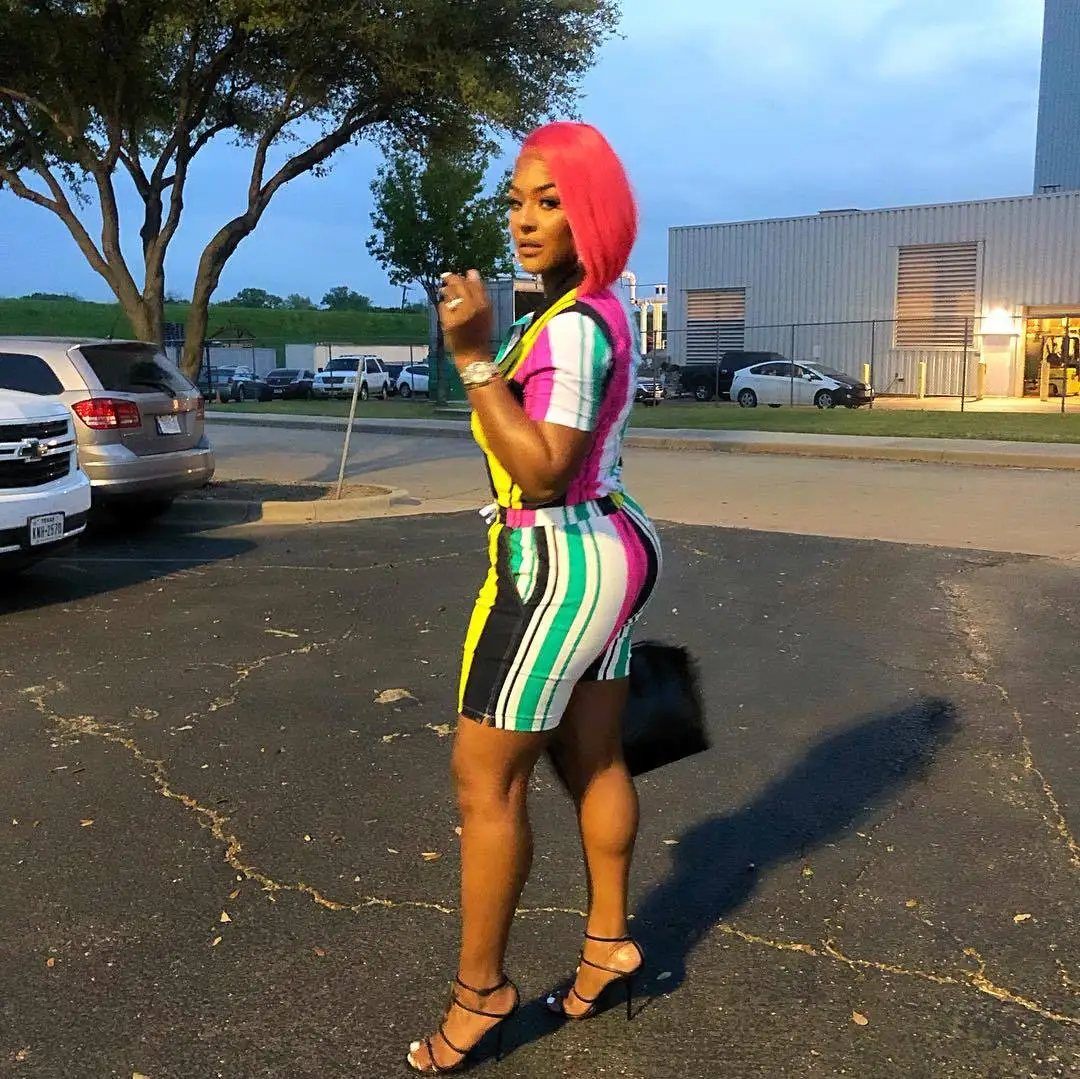 2019 Африканский Женский Летний полосатый комбинезон на молнии с коротким рукавом