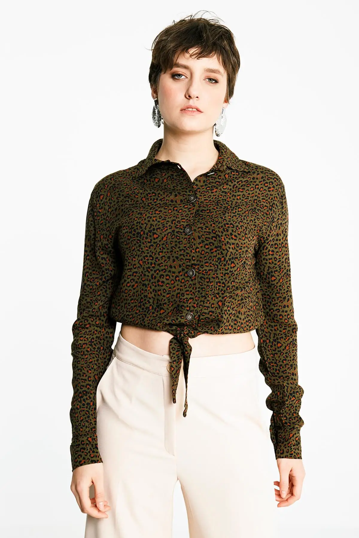 Gethit Women Khaki Leopard print Pockets Gusset Shirt 19Y181386 |