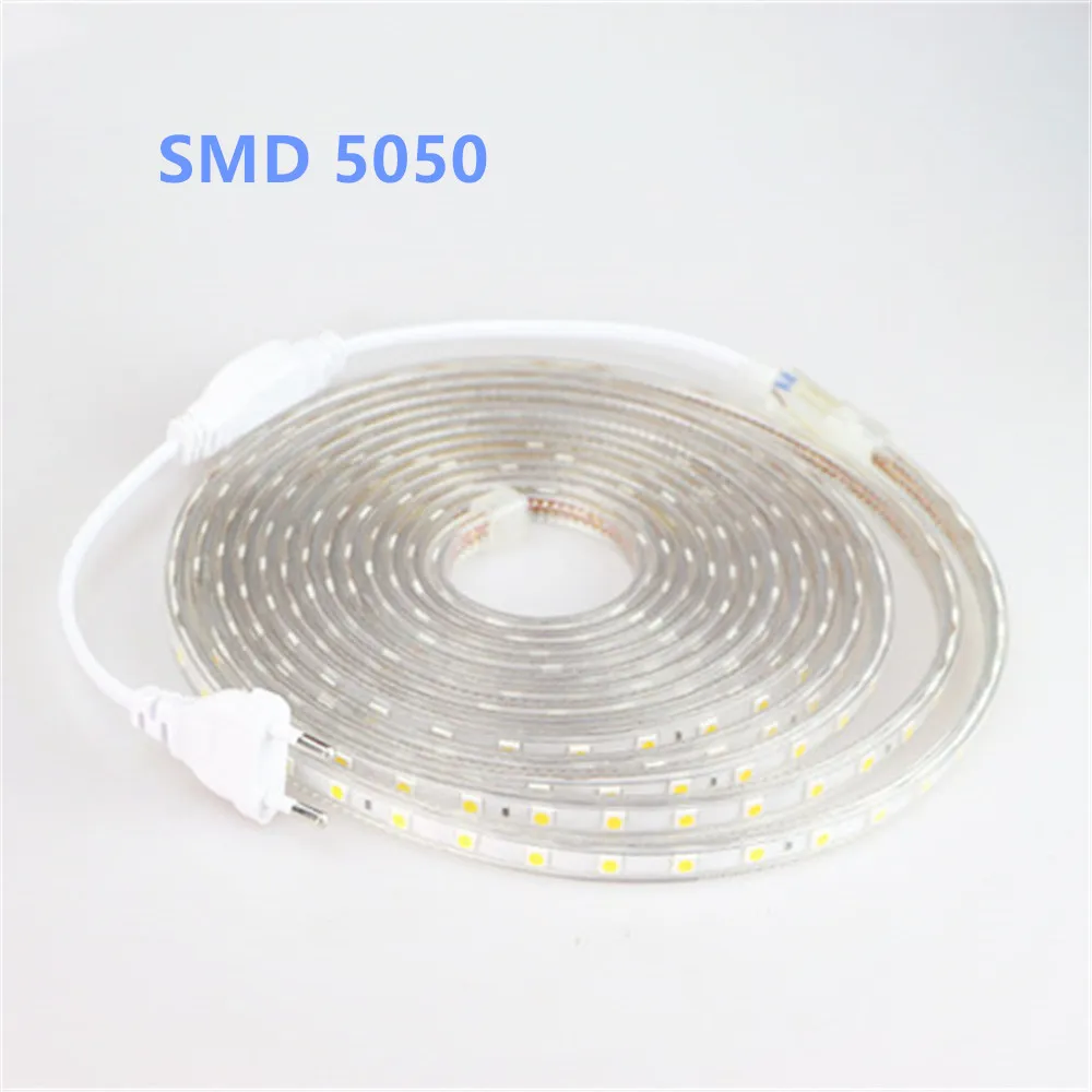 SMD 5050 AC220V LED Strip Flexible Light 60leds/m Waterproof Led Tape LED Light With Power Plug 1M 2M 3M 5M 6M 8M 9M 10M 15M 20M