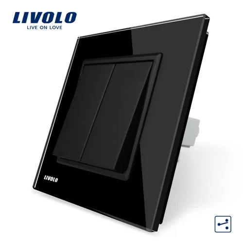 Livolo стандарт ЕС Роскошный белый/черный кристалл стеклянная панель, две банды, 2 способа кнопочный домашний настенный выключатель, C7K2S-11/12, без логотипа - Цвет: Black