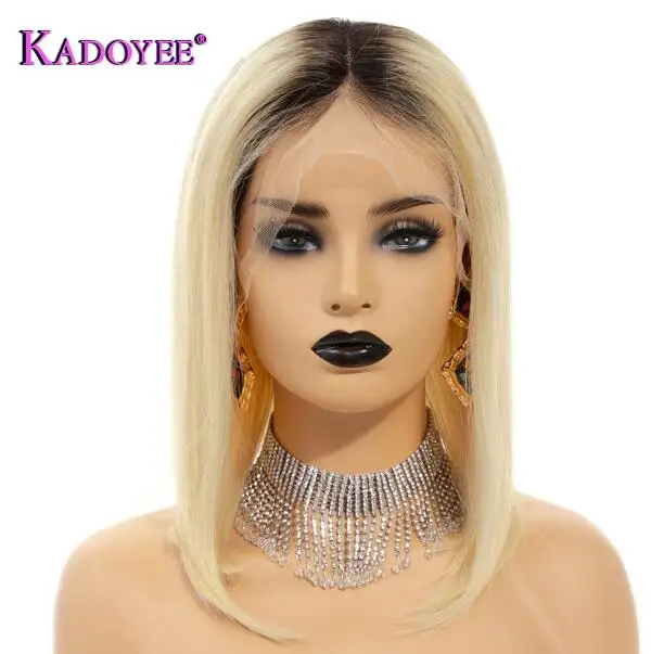 1B 613 Middle Part 613 парик Боба короткие светлые человеческие волосы кружева передние парики прямой Боб фронтальный парик Ombre 1b/613 черные корни предварительно сорвал блонд парик - Цвет волос: 1B 613 Middle Part