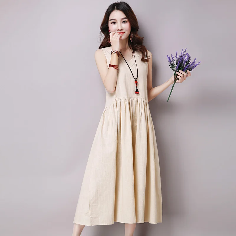 Лето 2017 новое женское хлопковое льняное свободное платье без рукавов с v-образным