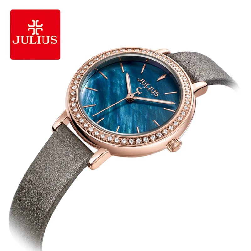 

Julius Brand Lady Classic Blue Shell Dial Leather Watch Luxury Rhinestone Quartz Wrist Watches Woman Dress Montre Femme Clock