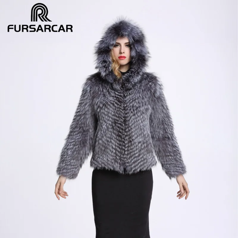 Женское меховое пальто FURSARCAR короткое с натуральным мехом лисы длинным рукавом