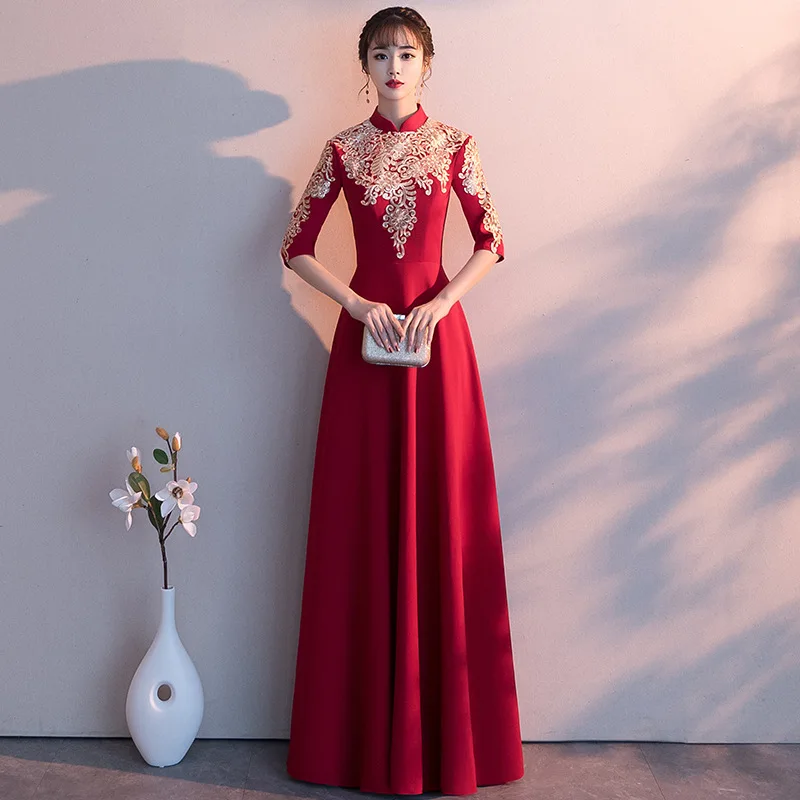 Невесты Qipao Мода г. красный Вышивка китайское вечернее платье женатый элегантный Cheongsam Длинные Qi Pao девушка принцесса вечерние платья - Цвет: Long wine red