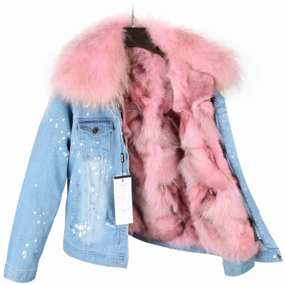 light denim pink fur MaoMaoKong, Женское зимнее пальто, большой воротник из меха енота, джинсовая подкладка из натурального Лисьего меха, верхняя одежда, брендовые стильные парки - Цвет: light denim pink fur