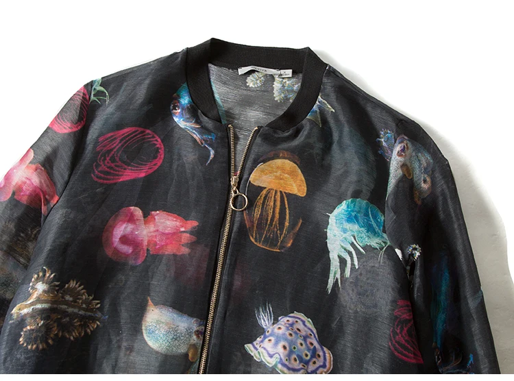 Women Jacket 50%Real Silk 50%Linen Casual Zipper Printed Jackets 2019 Fall Winter New Outwear Black | Женская одежда