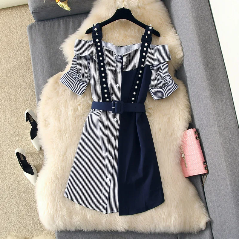 Женское платье с поясом Amolapha однобортное рубашка открытыми плечами и бусинами на