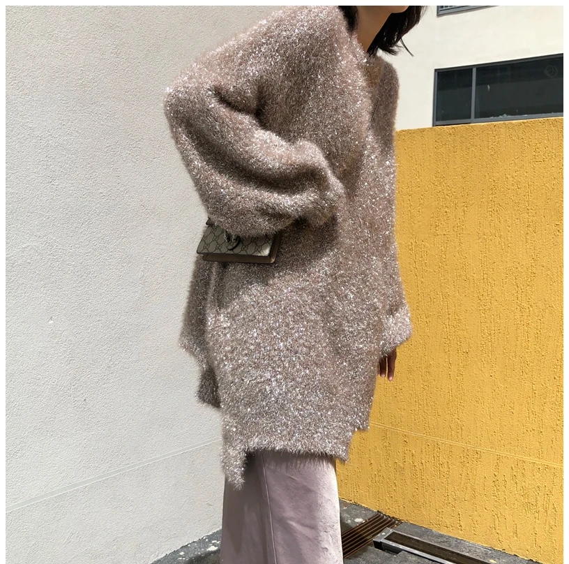 Cakucool 2020 Sweater Women Pull Femme Asymmetric Design Shiny Silver Lurex Christmas Korean Oversize Mid Long Jumpers | Женская одежда