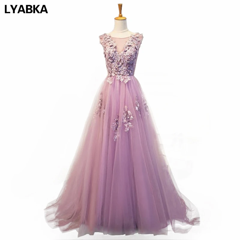 Высокое качество, вечернее платье, vestido de festa, тюль, с аппликацией, а-силуэт, круглый вырез, вечерние платья, вечерние платья, Robe De Soiree