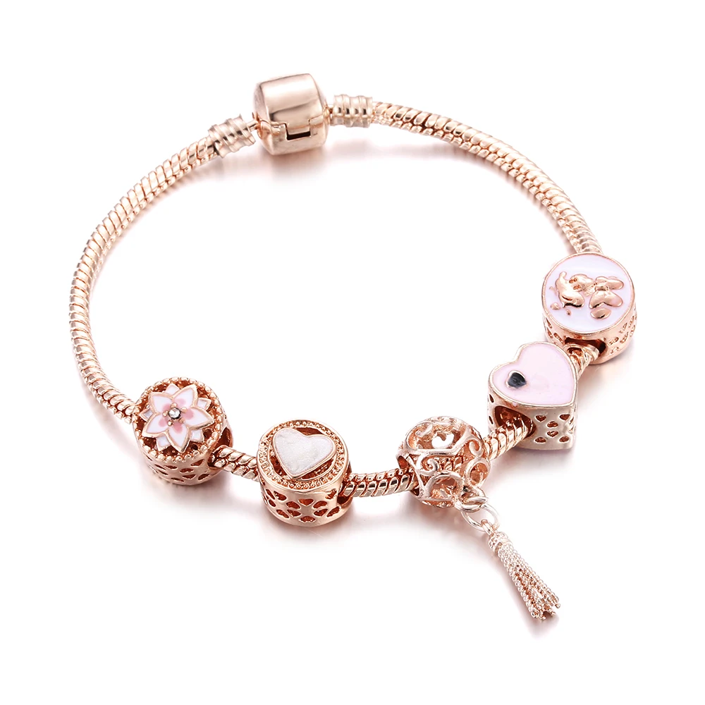 Женский дизайнерский браслет розовое золото Радужное сердце с бусинами браслеты