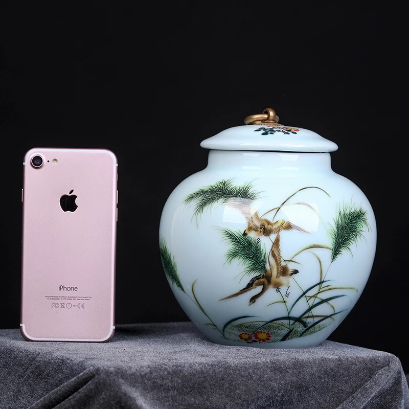Китайская керамическая Egret большая чайная коробка, фарфоровая герметичная чайная коробка кунг-фу, бутылки и банки для хранения, декоративная ваза