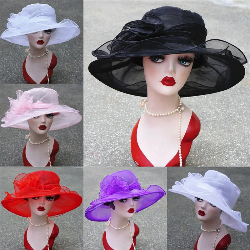 Eleghant Summer Party Formal Women Wide Brim Sun Hat Wedding Church Occasional Organza Caps with 3D Flower Lady | Аксессуары для