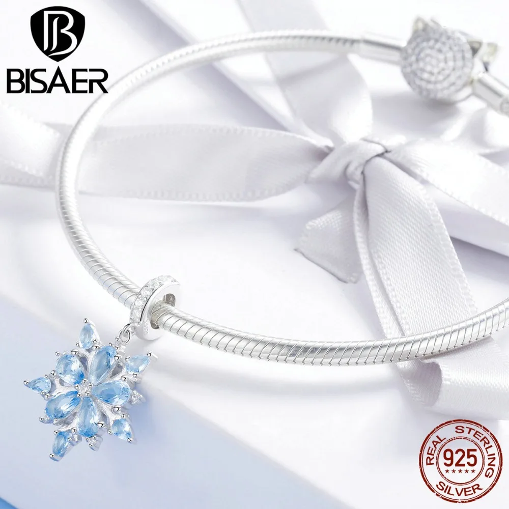 BISAER, 925 пробы, серебряный шарм, зимний Ледяной цветок, снежинка, светильник, CZ бусины, подходят для браслетов, сделай сам, серебро 925, изготовление ювелирных изделий ECC940