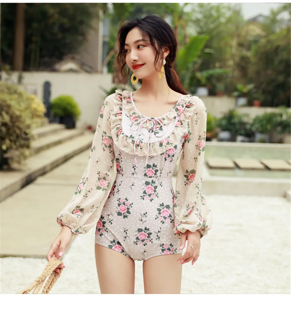 Long Sleeve One Piece Swimsuit Women Floral Swimwear Chiffon Monokini Push Up Swim Suit Ruffle Trikini Pad Bath Suit Backless