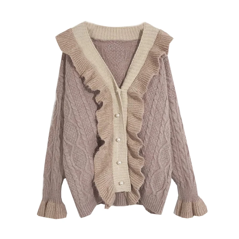 Autumn Oversized Sweater Cardigans Winter Cute Ruffles Women Warm Knit Coat Plus Size Pearl Button Twist Loose Female Jacket |