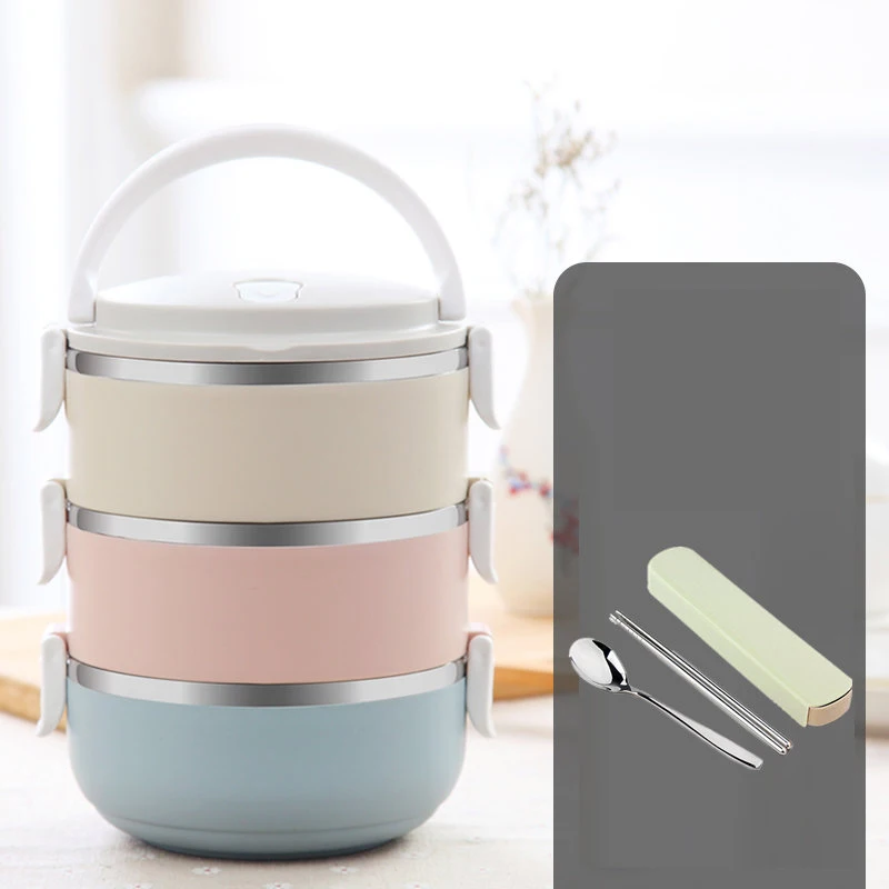 Multi-color 3 Layer Металлический Ланч-бокс из нержавеющей стали для детей, студентов, Теплоизоляционный контейнер для суши, Портативный японский Бенто-бокс, столовый набор - Цвет: Multi-color 3 Layer