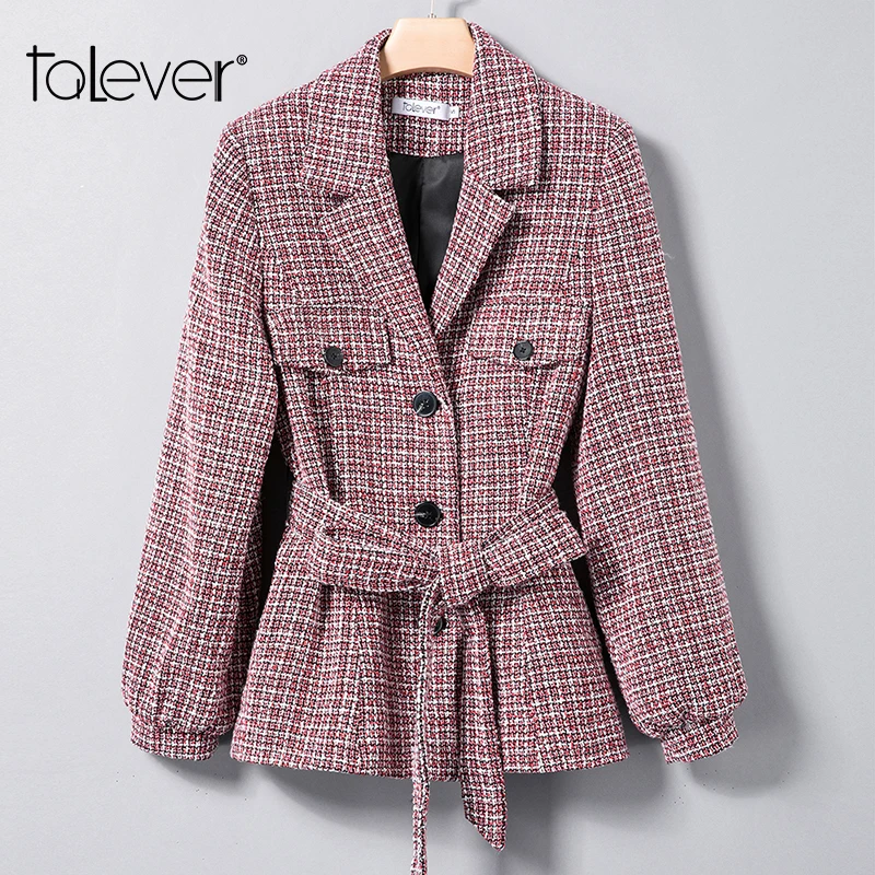 2018 Women Fashion Warm Coat Autumn Winter Tweed Casual Plaid Jacket Outerwear Female Turn-down Collar Slim Sashes Coats Talever | Женская