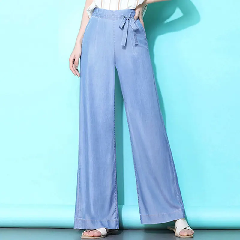 Spring Summer New Fashion Women Tencel Wide Leg Pants High Waist thin Straight Trousers Blue Denim Casual Long D59 | Женская одежда