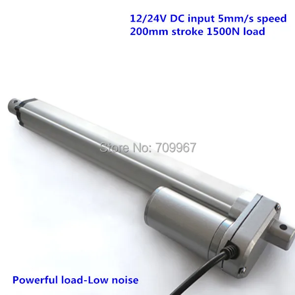

1500N=150KG=330LB load 5mm/sec=0.2inch/sec speed 200mm=8inch stroke 24V 12V DC mini electric linear actuator linear motor