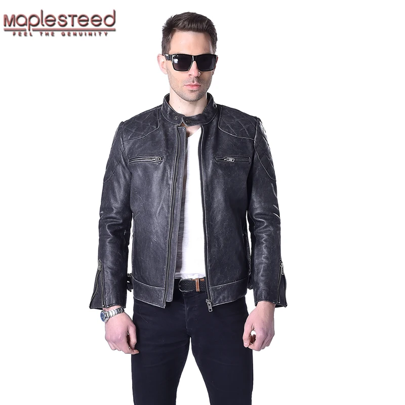 Мужская винтажная байкерская куртка MAPLESTEED черная Толстая из натуральной