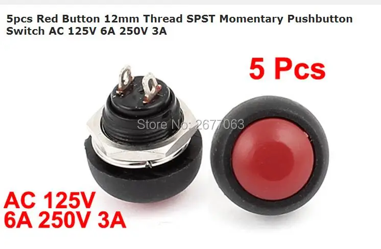 5 шт. красная кнопка 12 мм резьба SPST Мгновенный кнопочный переключатель AC 125 в 6A 250 В