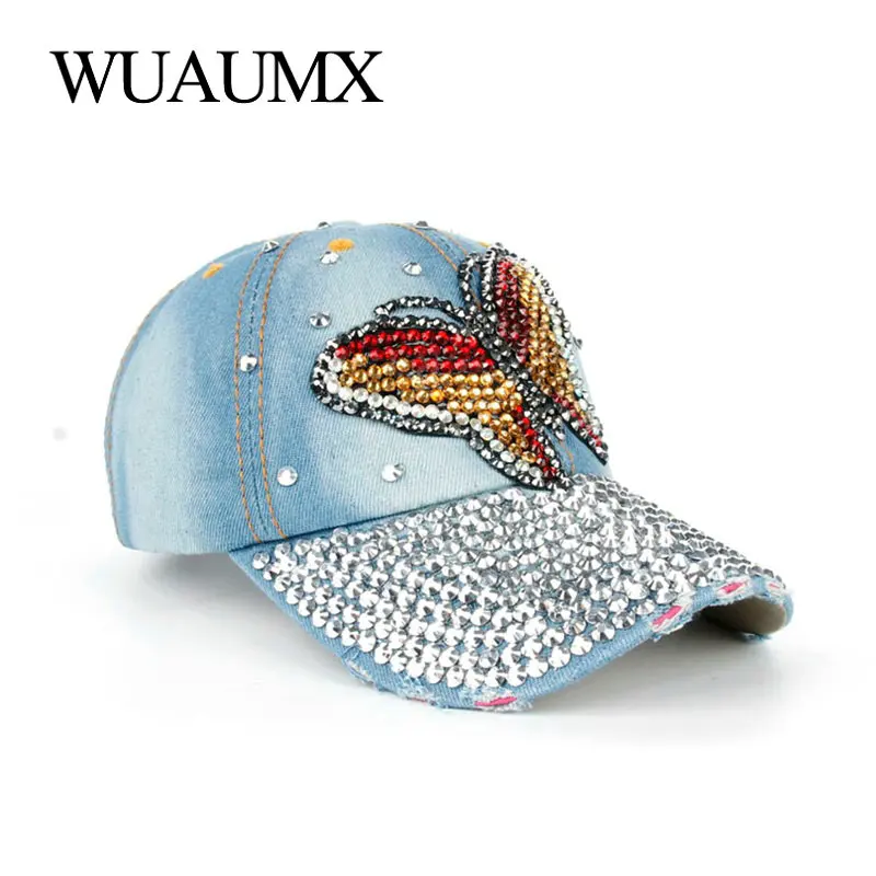 Wuaumx Rhinestone Baseball Cap Women Handmade Butterfly Bling Cap For Girl Lady Snapback Caps Denim Visor casquette femme sport