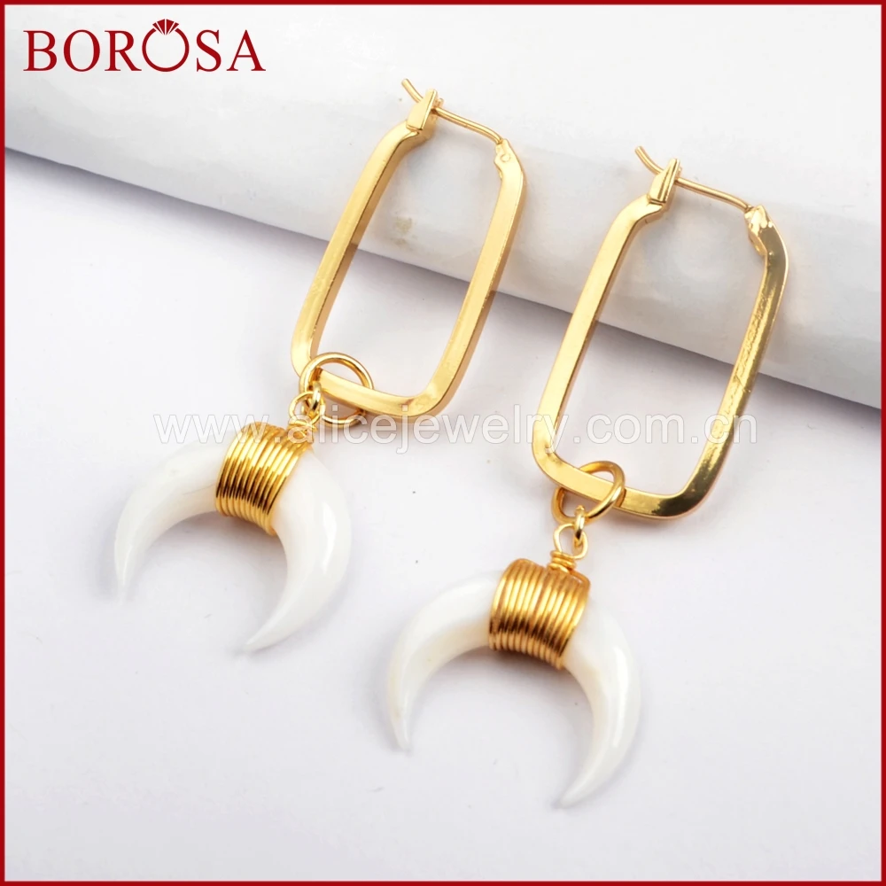 Женские прямоугольные серьги BOROSA золотистые подвески в виде ракушек белого
