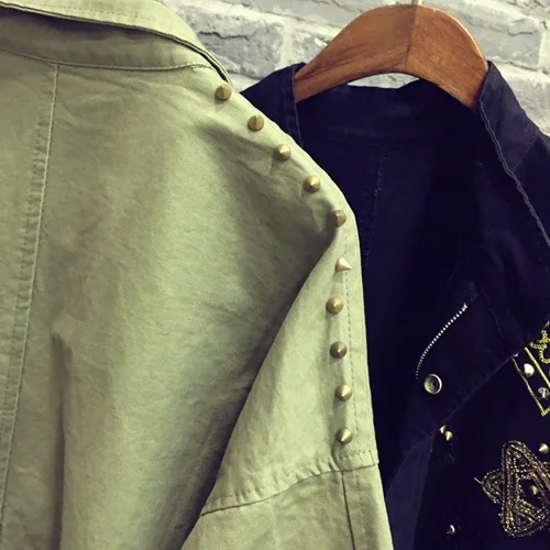 Women Cotton Jacket Coat Fashion Women Bomber jacket Embroidery Applique Rivets Oversize Women Coat Army Green Cotton Coat