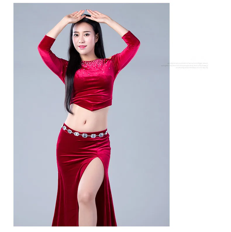 Осень-зима Для женщин комплект из 2 частей Bellydance костюм из бархата с длинными рукавами Блузка с боковыми юбка Корея Дизайн красный зеленый Black Rose