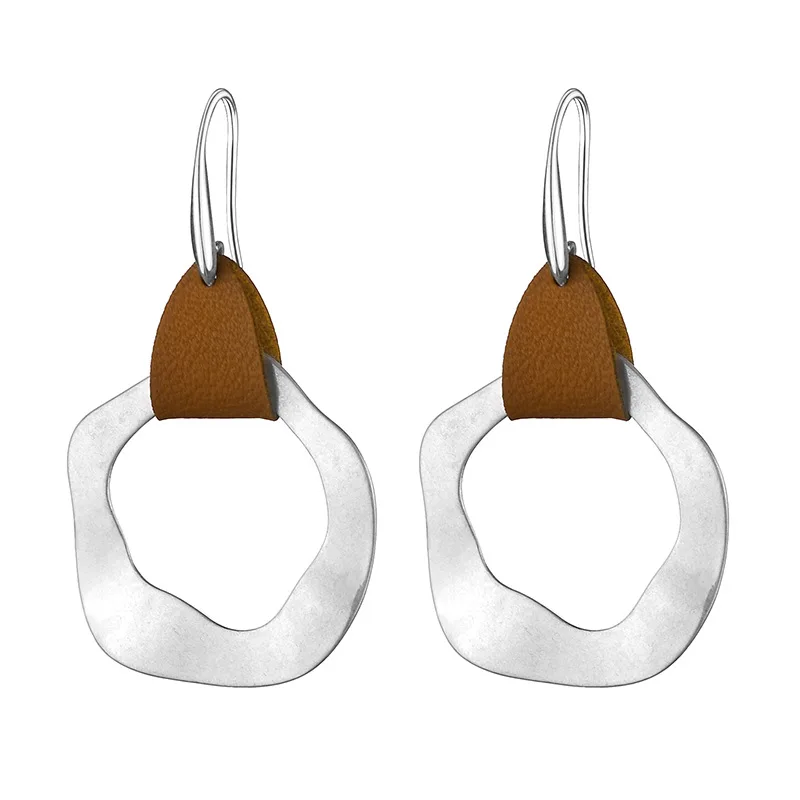 

ZWPON Fashion Leather Geometric Cutout Round Drop Earrings Fashion Silver Color Hammered Irregularity Copper Earrings Women