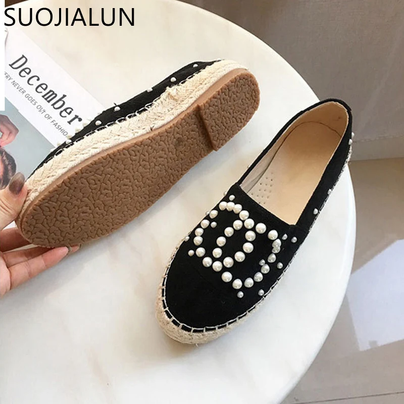 SUOJIALUN/; Модные женские лоферы с жемчугом; обувь на плоской подошве в рыбацком стиле из тростниковой пеньковой соломы; удобная повседневная обувь на плоской подошве с круглым носком без застежки