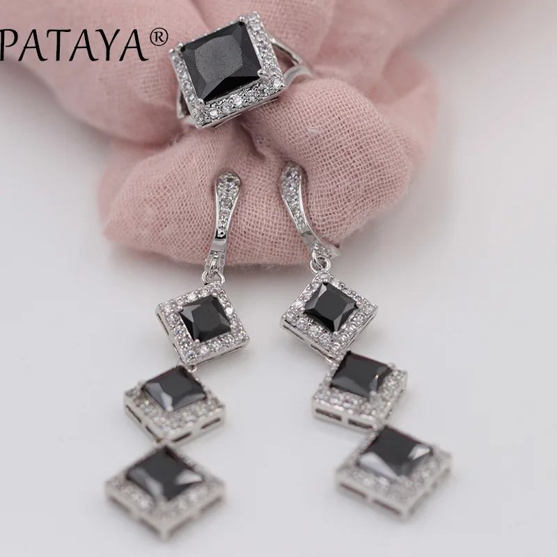 black PATAYA, зеленый квадрат, природный Цирконий, длинные серьги, кольцо, наборы, для женщин, многоцветные, Роскошные, Настоящее Белое золото, хорошее ювелирное изделие, аксессуары - Окраска металла: black