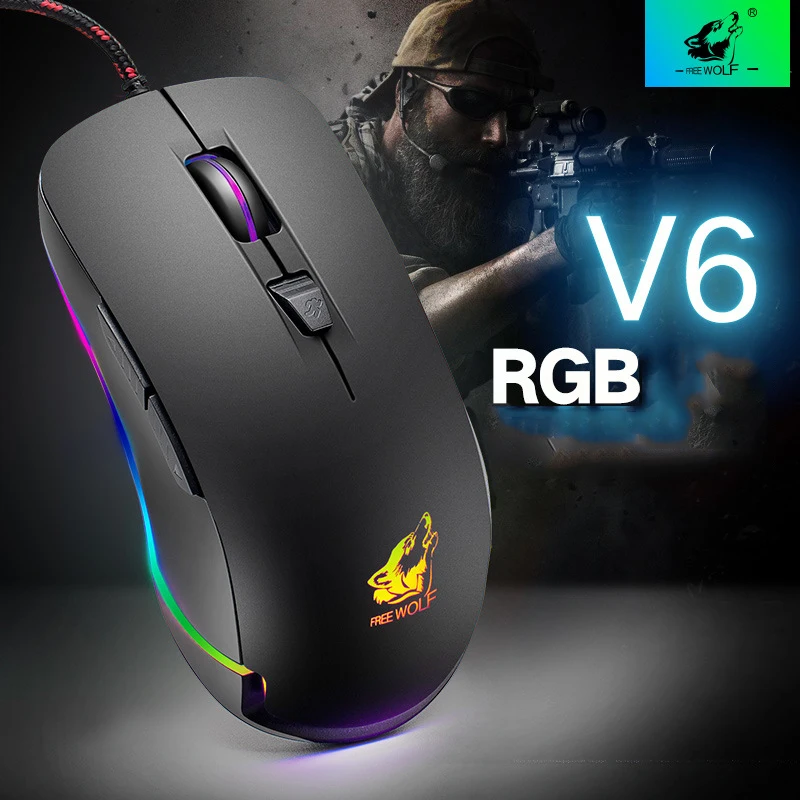 Волк V6 Проводная RGB светодиодный подсветкой USB Эргономичный 4000 Точек на дюйм + 6