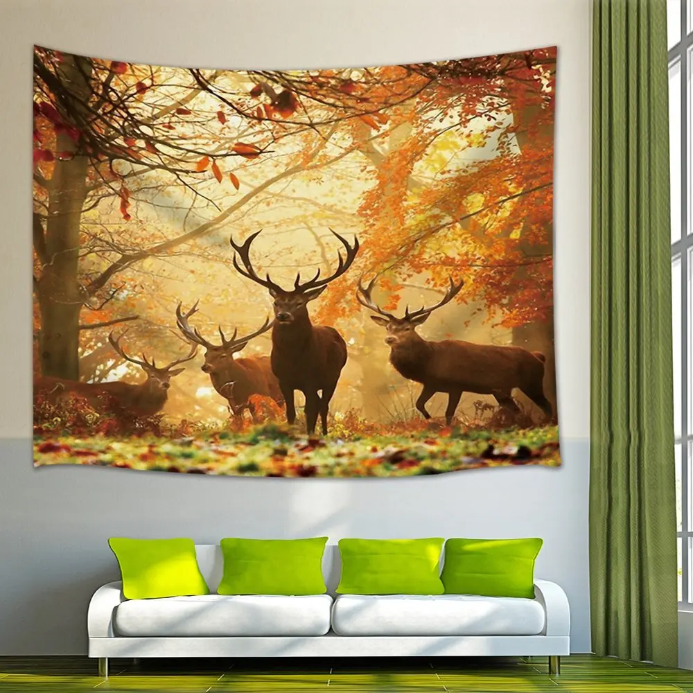 Animal Decor Cute Deer Mystical Foggy Forest Tapestry Wall Hanging for Bedroom Living Room Dorm Art | Дом и сад