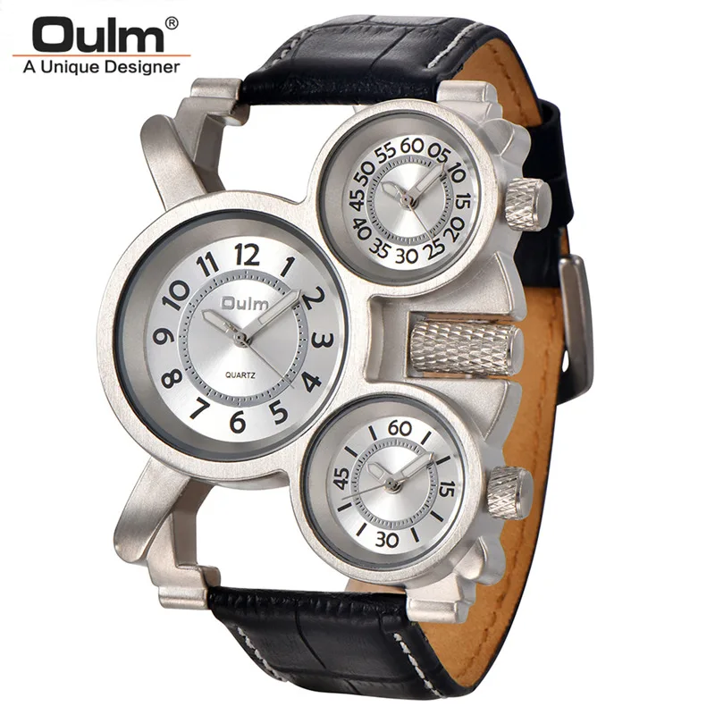 Leather White Oulm часы модель 1167 мужские наручные часы повседневные с кожаным сетчатым стальным ремешком кварцевые часы с тремя часовыми поясами спортивные мужские часы - Цвет: Leather White