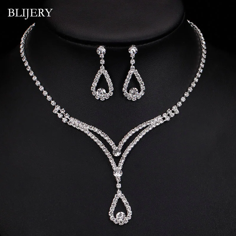 07J01 BLIJERY, Модные Ювелирные наборы для невесты, посеребренные кристаллы, длинные висячие ожерелья, серьги для женщин, свадебные ювелирные наборы - Окраска металла: 07J01