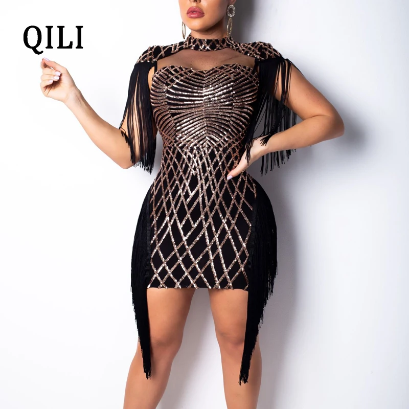 QILI 2019 новое платье с блестками и бахромой красные черные Хаки сетчатые Лоскутные