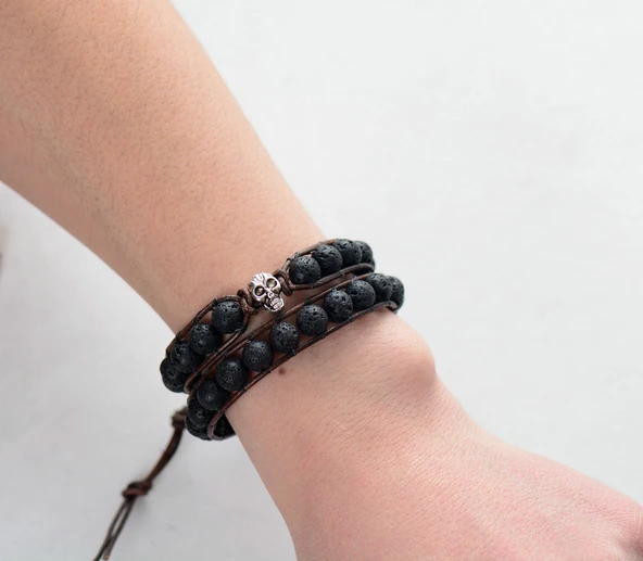 Мужской кожаный браслет 8 мм лава камень череп панк браслеты винтажный плетеный