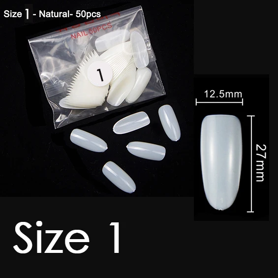 Natural Size 1 50pcs TKGOES 50 шт/500 шт акриловые овальные накладные ногти Fullwell прозрачные накладные ногти полное покрытие накладные кончики для дизайна ногтей французские кончики для ногтей Новинка#39 - Цвет: Natural Size 1 50pcs