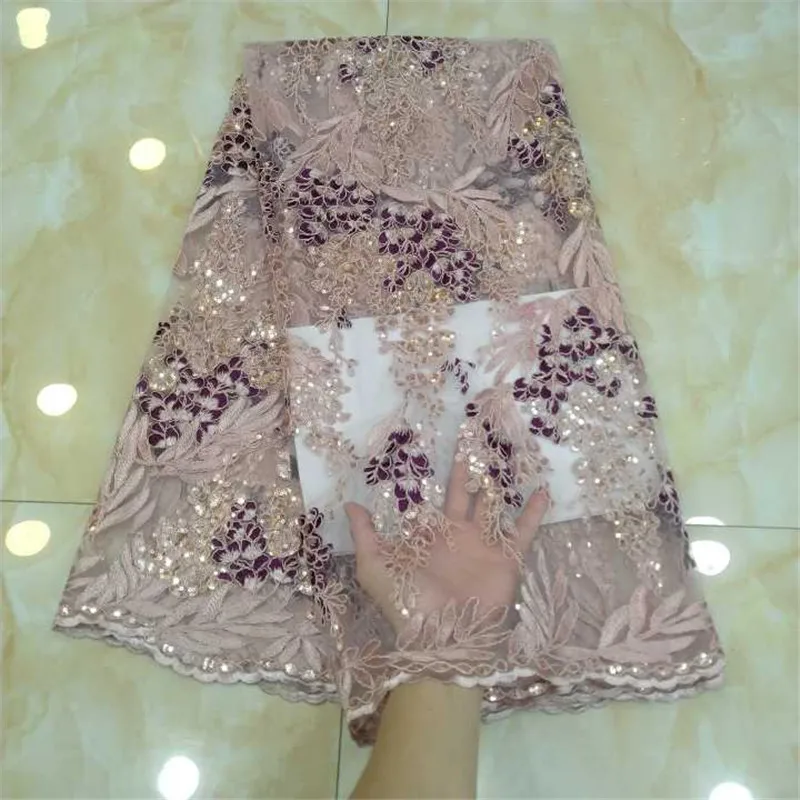 Кружевная ткань в африканском стиле с пайетками персикового цвета фатиновая