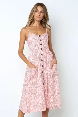 floral red Женское летнее платье, бохо, сексуальное, на тонких бретелях, цветочное, Пляжное Платье с карманом, миди, на пуговицах, с открытой спиной, сарафан для женщин, Vestidos - Цвет: floral red