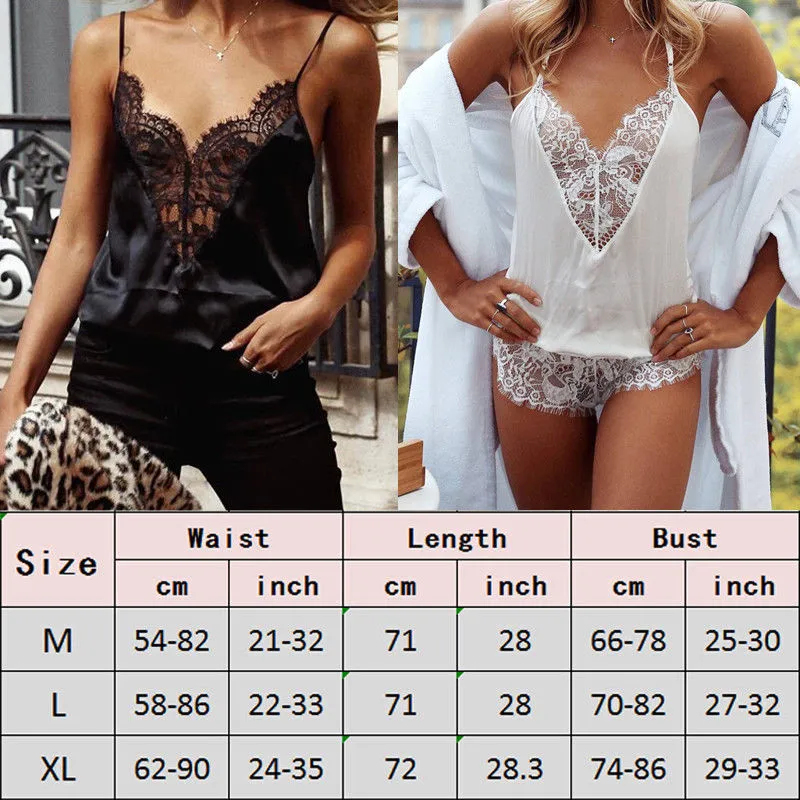 

Womens Satin & Lace One Piece Bodysuit Teddy Sexy Bodies Nightwear Jumpsuits