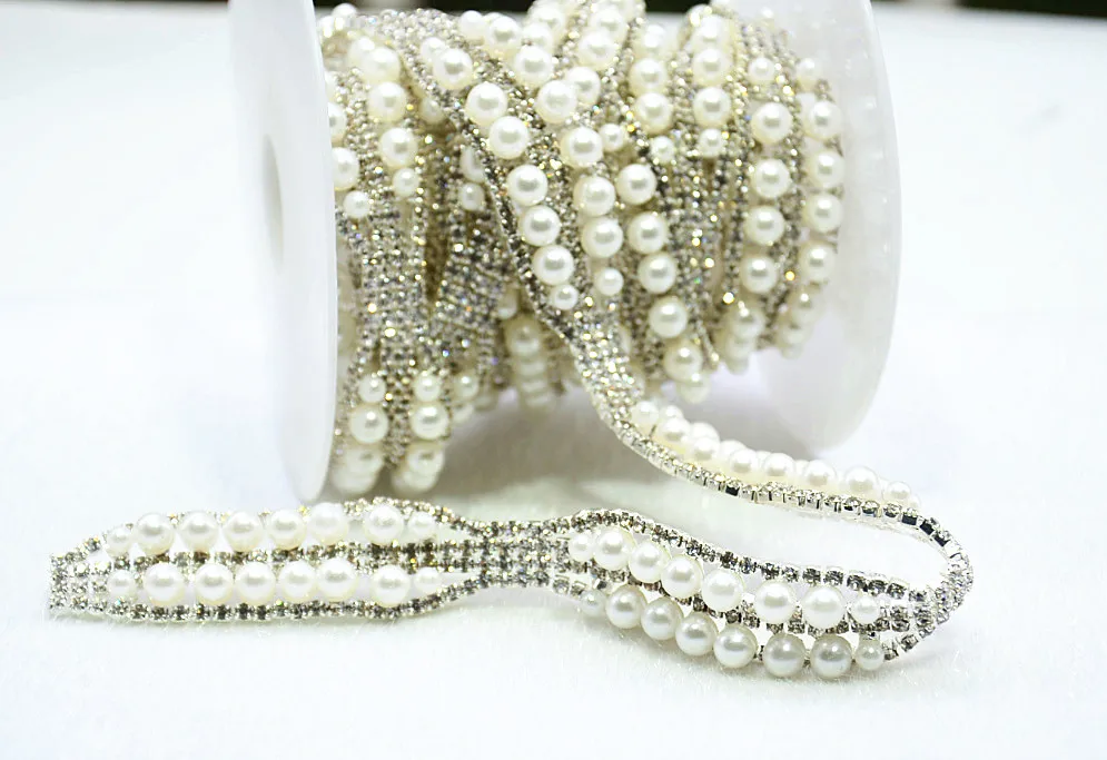 1Yard Rhinestones Pearl Trim Ribbon Costume Applique Rotate White Shiny Beads Silver Claw Diamond Chain Wedding Dress Decoration | Дом и сад