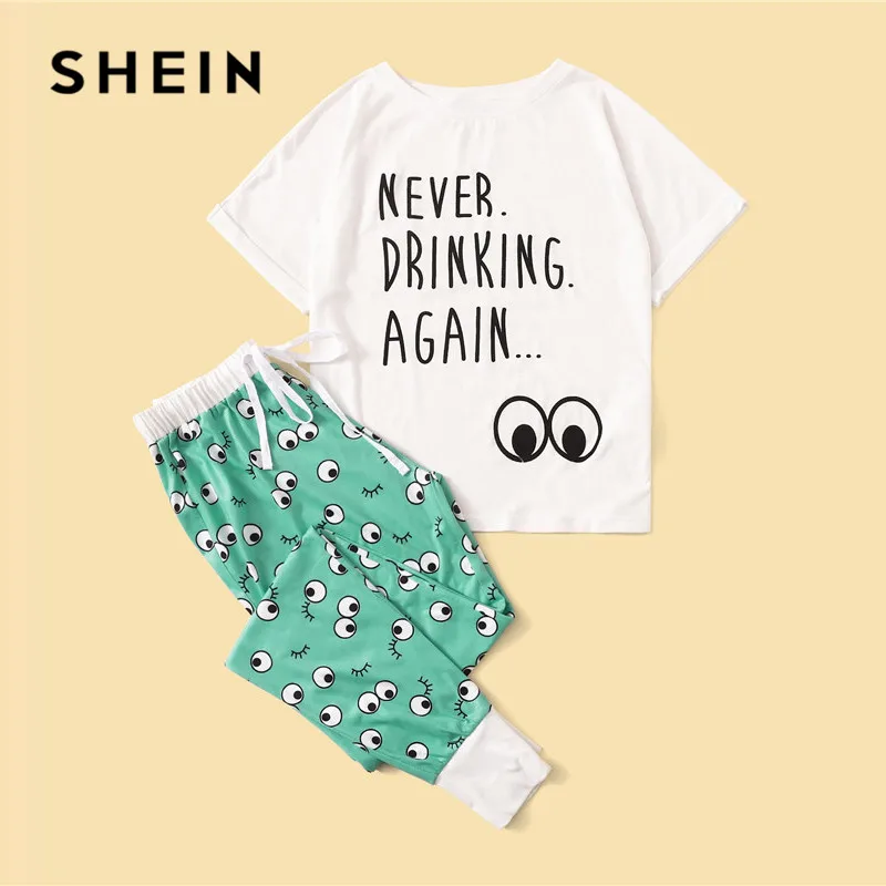 SHEIN Пижамный Комплект Футболка С Текстовым Принтом И Брюки Летний Повседневный Комплект