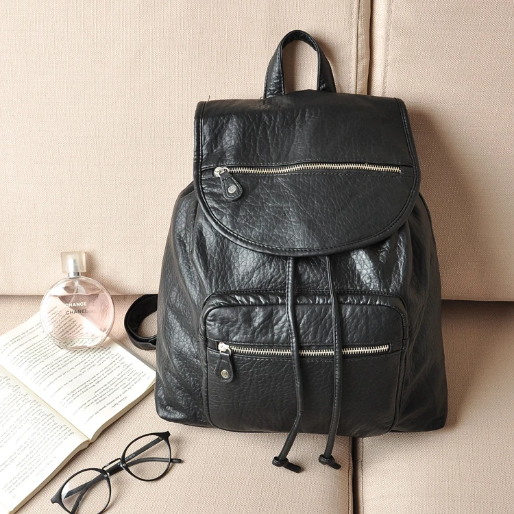 

[Free shipping] Washed leather winter fashion vintage black soft leather shoulder bag casual female backpack 460g