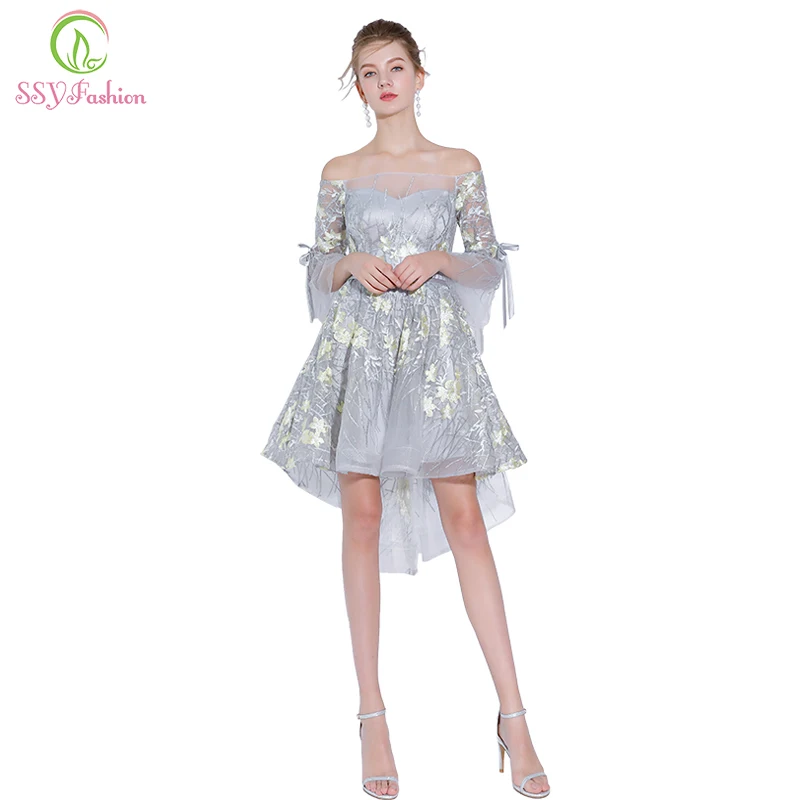 Кружевное коктейльное платье SSYFashion серое ассиметричное вечернее с вырезом