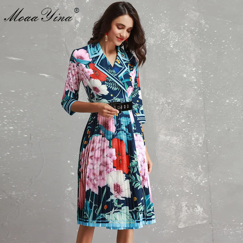 Женское плиссированное платье с поясом рукавом 3/4 и отложным воротником|Женские