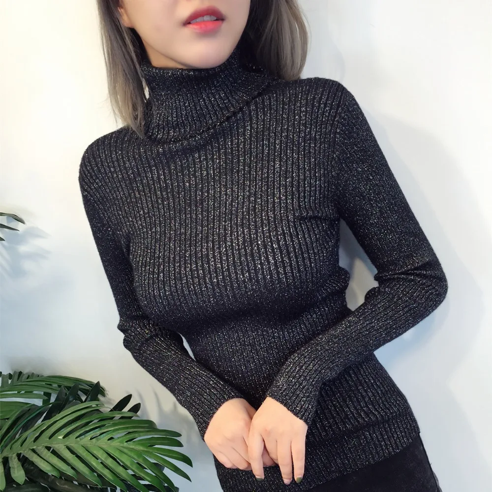 Autumn Winter Women Turtleneck Sweater New Fashion Long Sleeve Bling Lurex High Elasticity Pullover Knitted Jumper Pull Femme | Женская